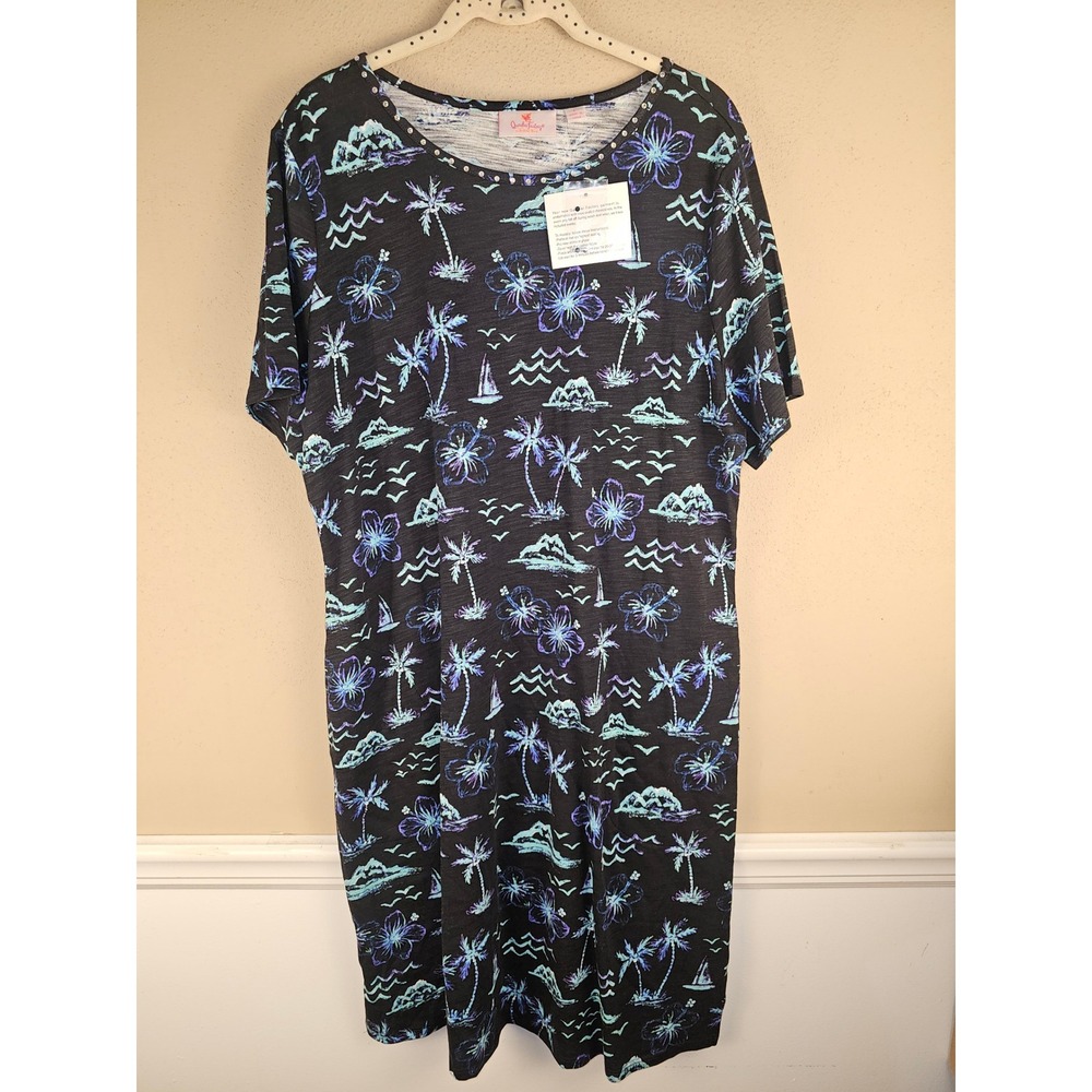 NWT Quacker Factory Womens Black Blue Hawaiian Island Print Dress Large‎